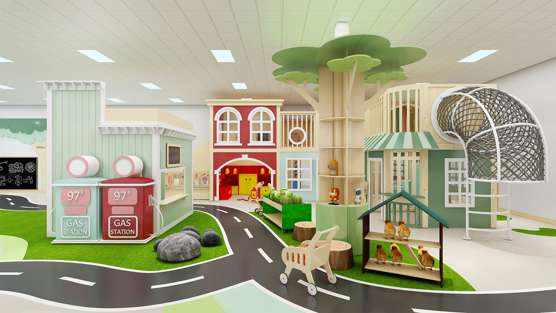Indoor playground and kids cafe design with themed play zones