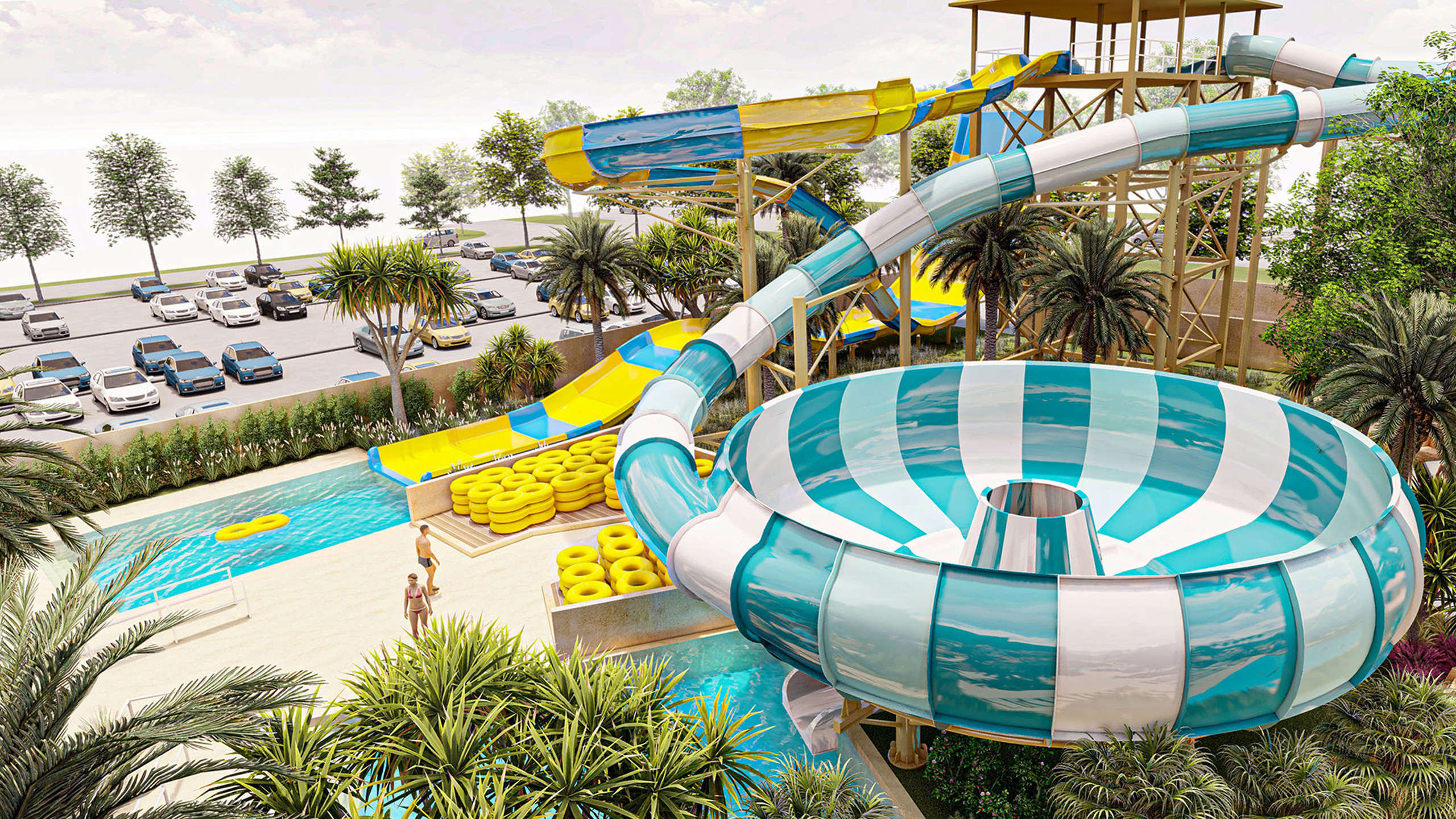 Rendering of a water park with a large blue and white bowl slide and tube slides
