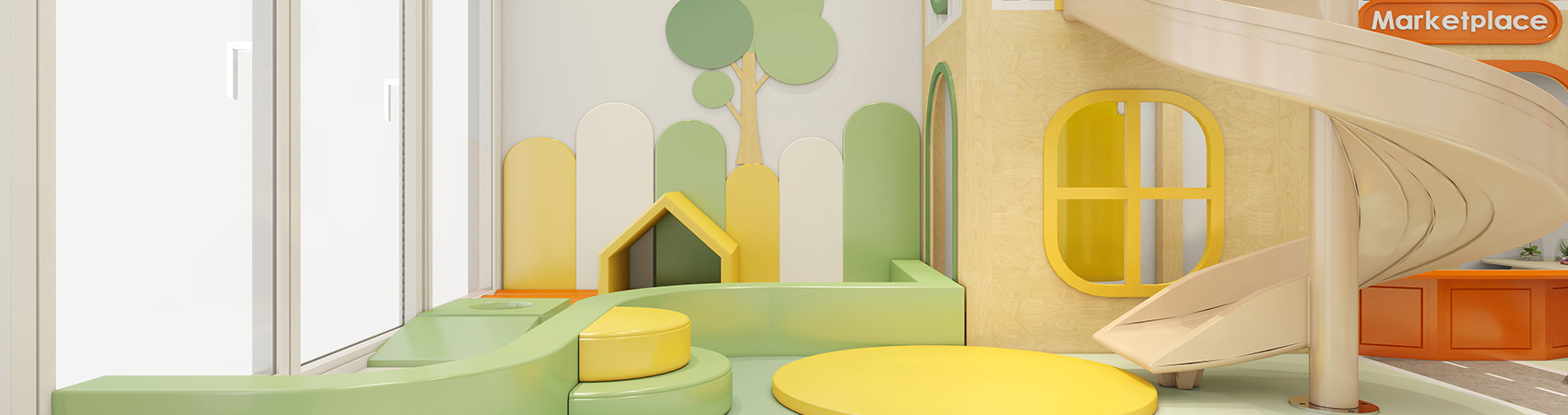 Pastel green and yellow indoor toddler play area with soft padded platforms