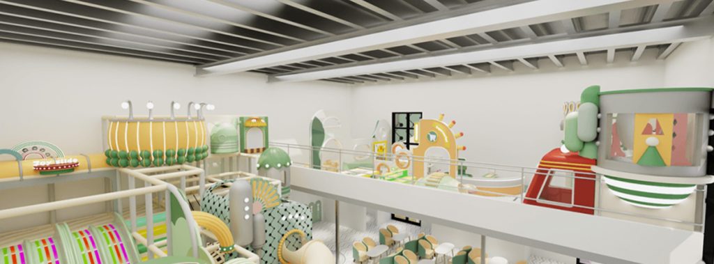 Two-level indoor playground with pastel-colored play structures, bridges and towers under an exposed beam ceiling