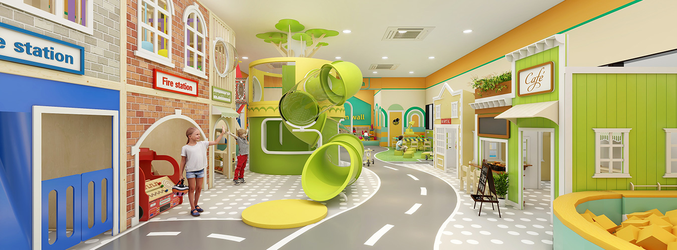 Indoor role-play town with fire station, cafe, and supermarket facades for children