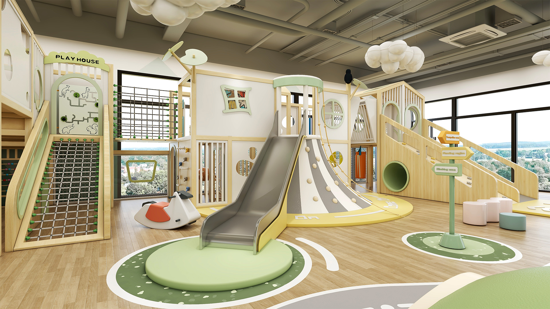 Play cafe interior with themed play equipment