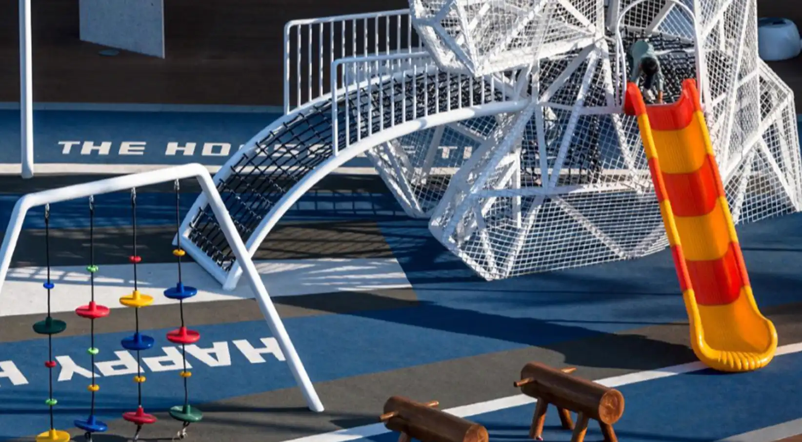 Commercial playground fitness equipment shown without people